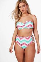 Boohoo Plus Kara Geo Print High Waist Tie Neck Bikini