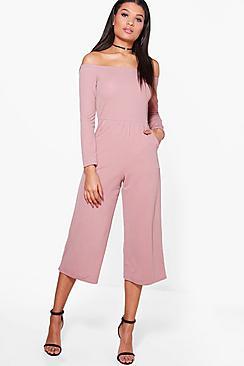 Boohoo Lois Bardot Long Sleeve Wide Leg Culotte Jumpsuit