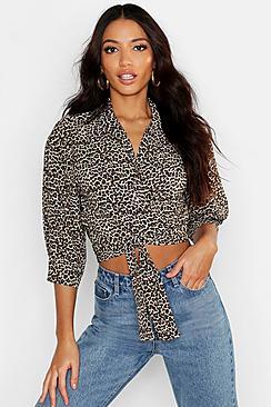 Boohoo Woven Leopard Tie Waist Blouse