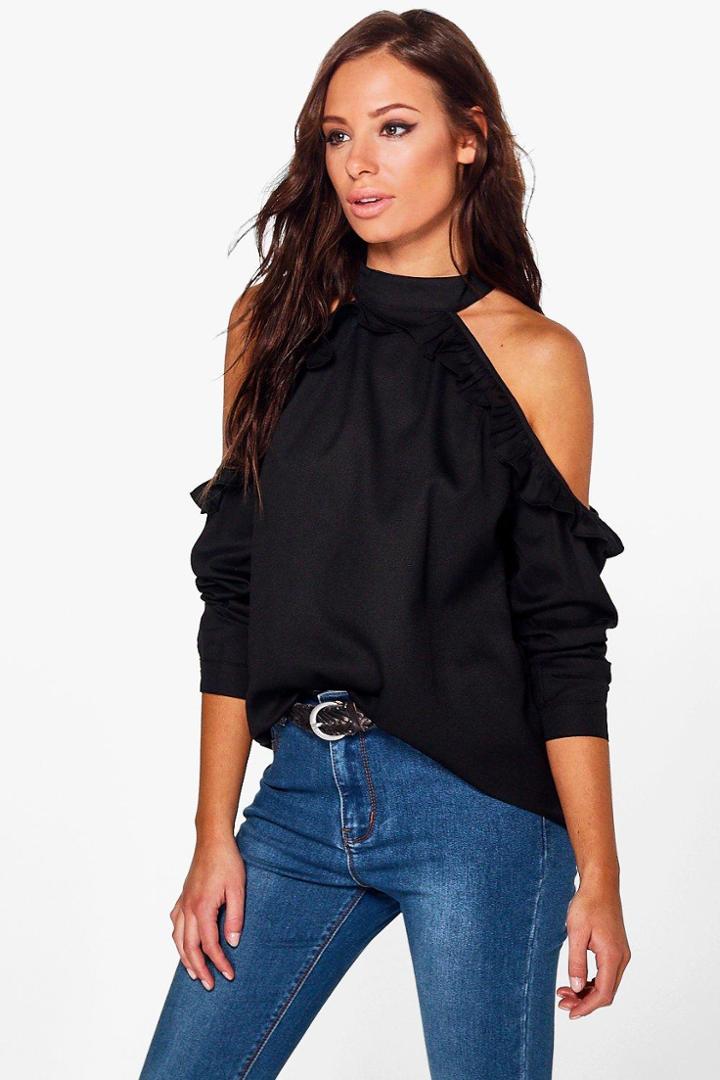 Boohoo Lisa Ruffle Cold Shoulder Blouse Black
