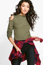 Boohoo Claire Cold Shoulder Ribbed Roll Neck Khaki