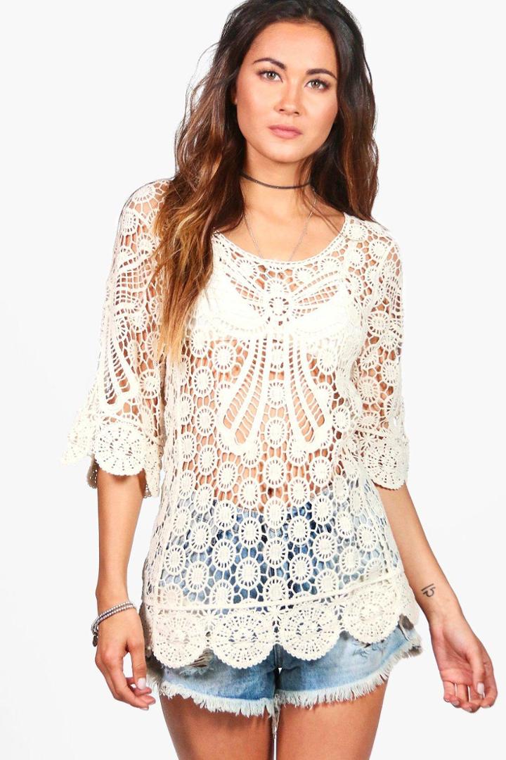 Boohoo Tiffany Crochet Bow Top Ecru