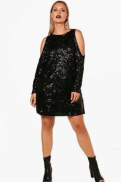 Boohoo Plus Piper Open Shoulder Pattern Sequin Dress