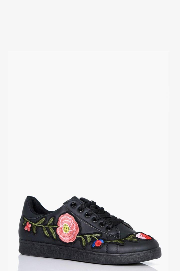 Boohoo Charlotte Floral Embroidered Trainer Black