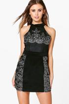 Boohoo Petite Roxy Velvet Embroidered Bodycon Dress Black