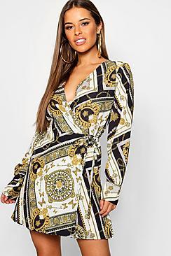 Boohoo Petite Chain Print Wrap Front Mini Dress