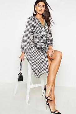 Boohoo Geo Print Oval Buckle Shirt Dress