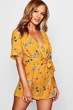Boohoo Petite Kimono Wrap Front Tie Belt Playsuit