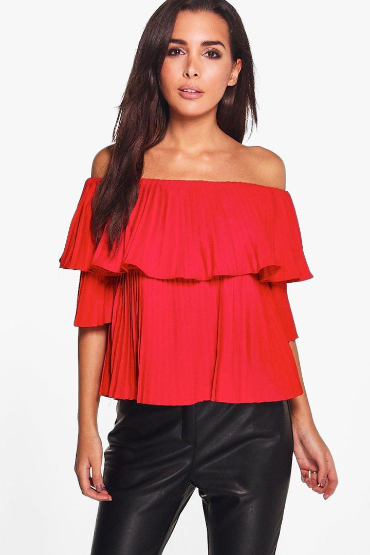 Boohoo Amy Pleated Ruffle Bardot Top Ruby