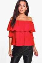 Boohoo Amy Pleated Ruffle Bardot Top Ruby