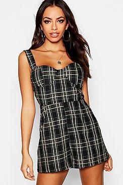 Boohoo Tartan Check Moulded Cup Sweetheart Playsuit