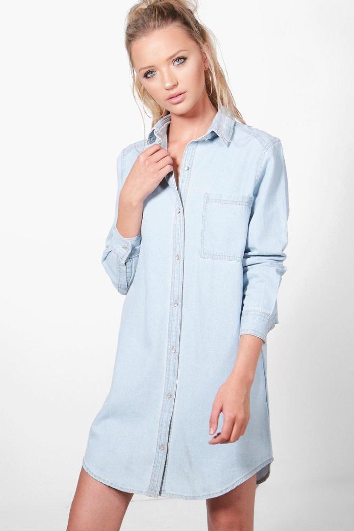 Boohoo Lucy Longline Light Wash Denim Shirt Blue