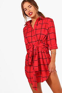 Boohoo Petite Cindy Tie Waist Checked Shirt Dress