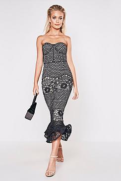 Boohoo Premium Lace Bandeau Fishtail Midi Dress