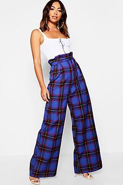 Boohoo Tartan Check Paperbag Wide Leg Woven Trouser