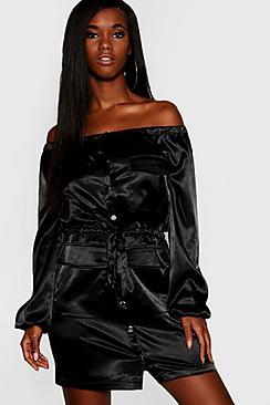 Boohoo Bardot Satin Utility Pocket Dress