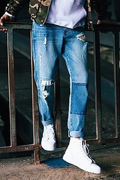 Boohoo Mid Blue Skinny Fit Patchwork Jeans