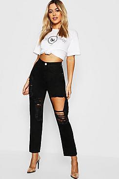 Boohoo Petite Distressed Panel High Rise Mom Jean