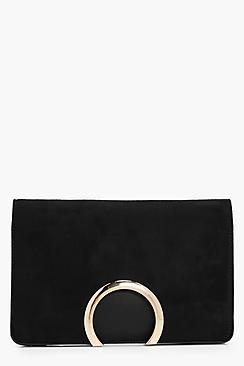Boohoo Faye Metal Circle Suedette And Pu Mix Clutch