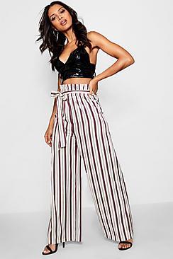 Boohoo Sarah Stripe Paperbag Tie Waist Trouser