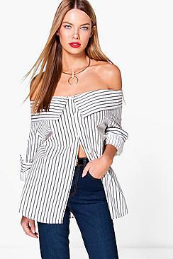 Boohoo Charlotte Striped Bardot Shirt
