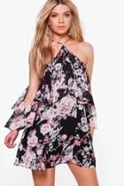 Boohoo Cha Floral Cold Shoulder Ruffle Skater Dress Black