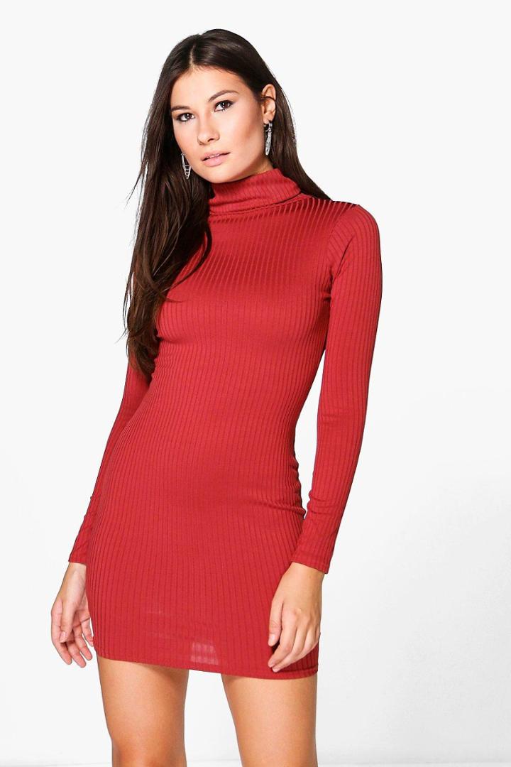 Boohoo Ingrid Long Sleeved Ribbed Bodycon Dress Chestnut