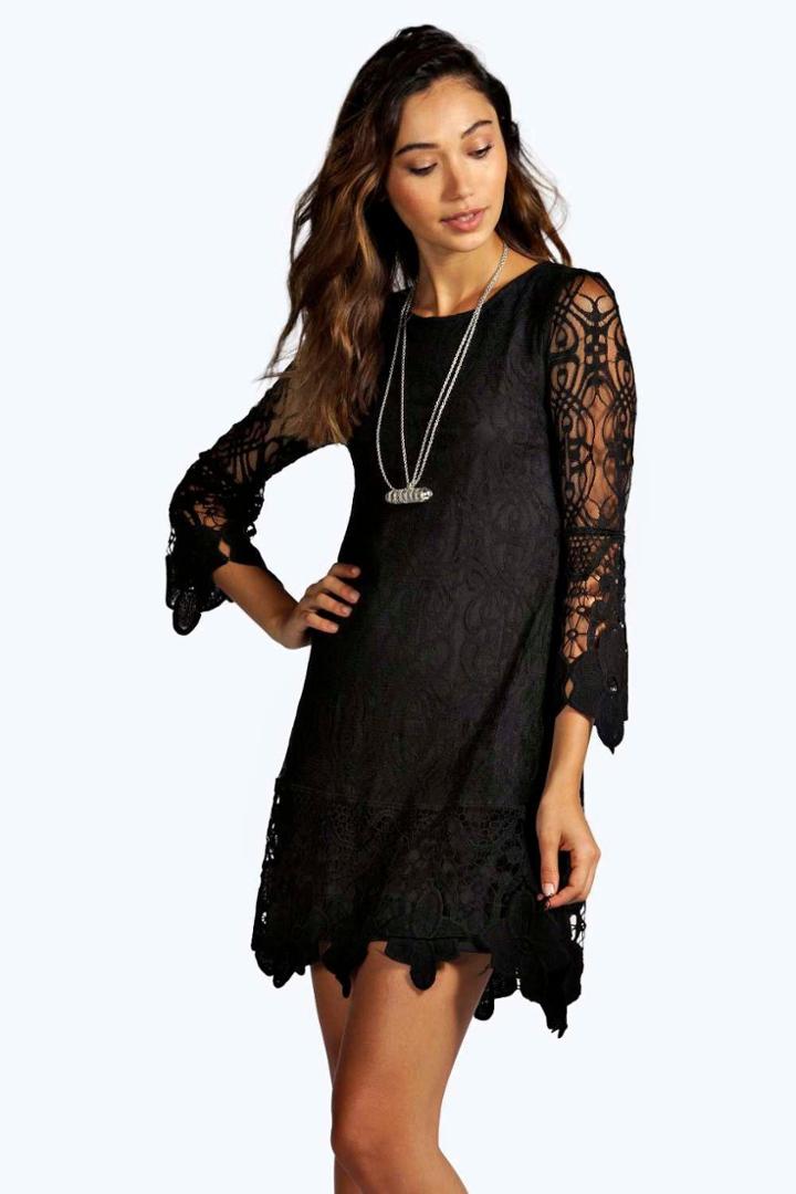 Boohoo Boutique Maddie Flower Lace Long Sleeve Smock Dress Black