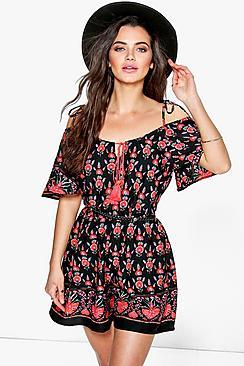 Boohoo Mia Floral Print Tassel Trim Open Shoulder Playsuit