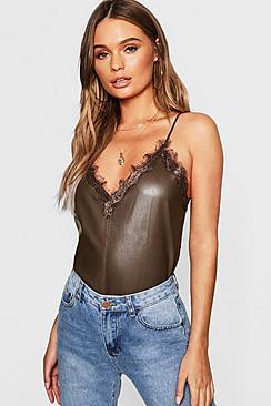 Boohoo Pu Lace Trim Cami Top