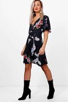 Boohoo Oriental Bird Print Ruffle Tea Dress