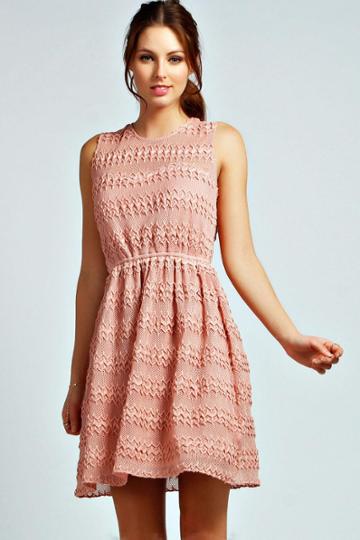 Boohoo Lora Textured Lace Sweetheart Skater Dress - Blush