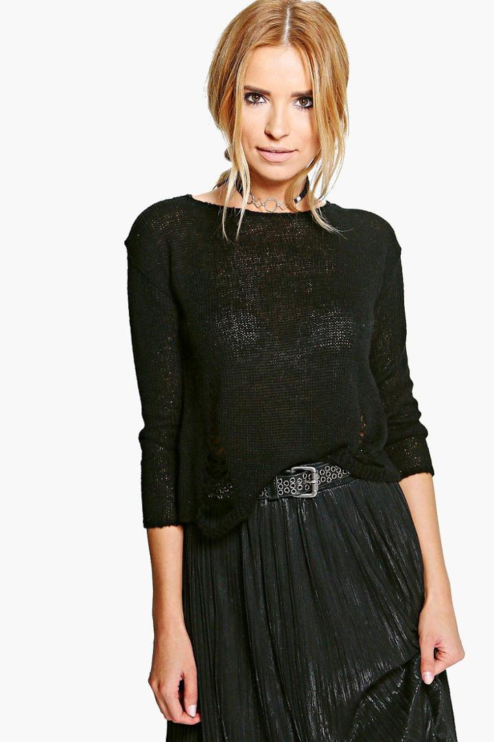 Boohoo Julia Fine Knit Distressed Detail Jumper Black
