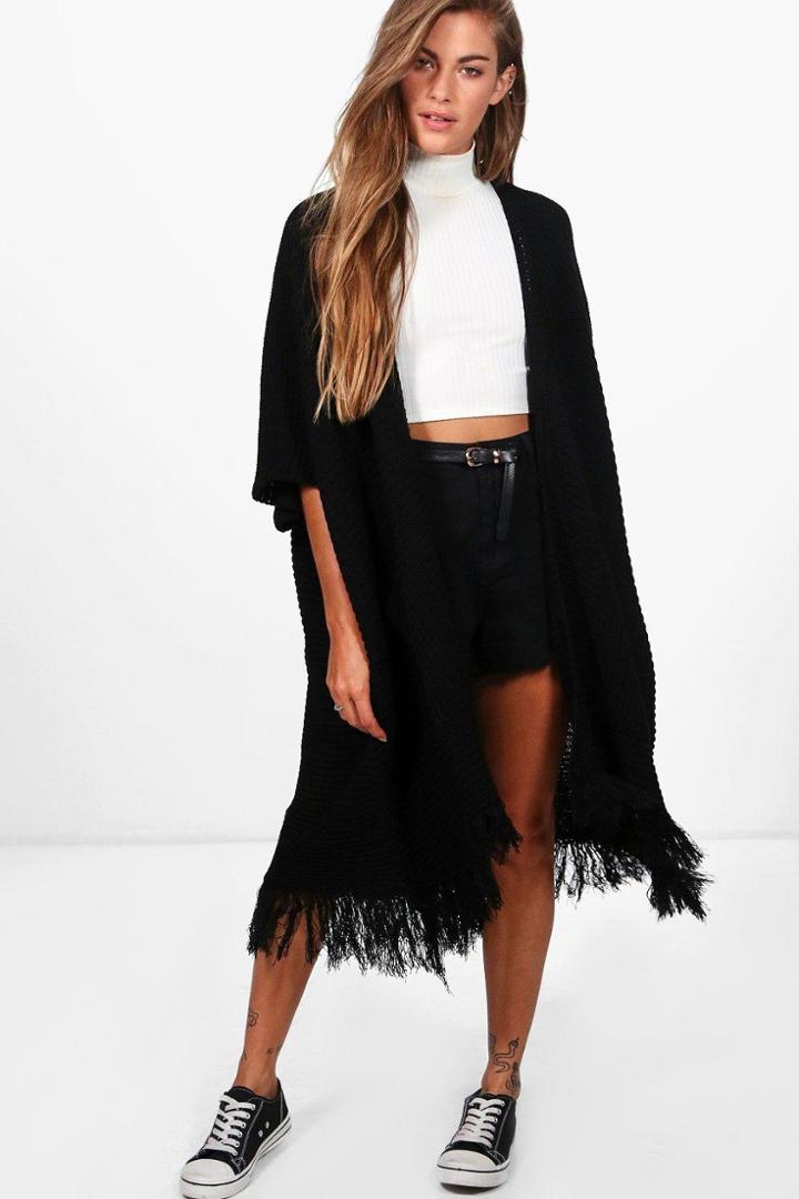 Boohoo Karina Tassel Hem Cape Cardigan Black