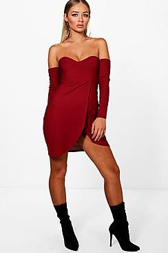Boohoo Sweetheart Off Shoulder Wrap Midi Dress
