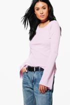 Boohoo Ria Ribbed Flare Sleeve Top Orchid