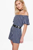 Boohoo Louise Off The Shoulder Ruffle Sleeve Playsuit Navy