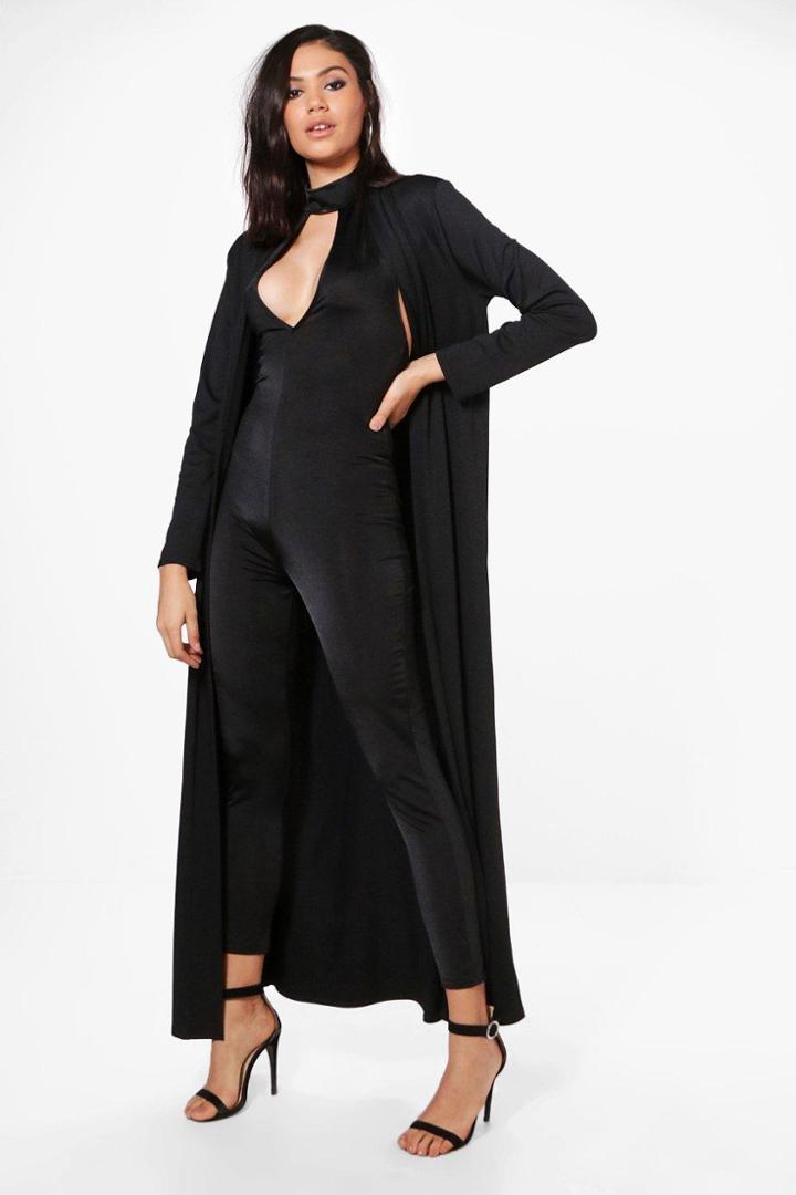 Boohoo Willow Slinky Plunge Unitard & Duster Co-ord Set Black