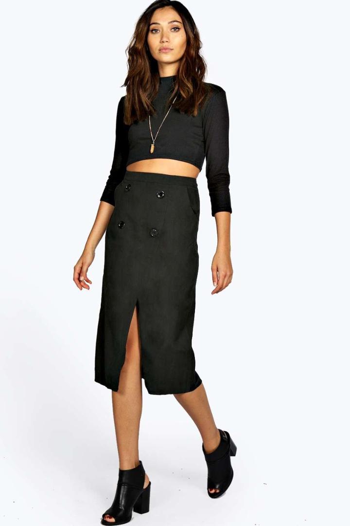Boohoo Vera Wrap Over Button Woven Midi Skirt Black