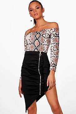 Boohoo Ramona Zip Ruffle Detail Asymetric Midi Skirt