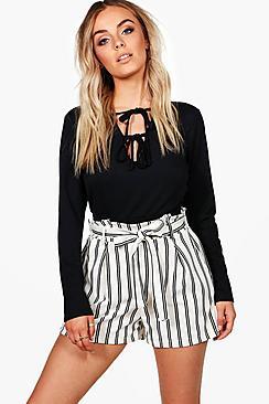 Boohoo Grace Striped Tie Belt Smart Shorts