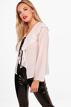 Boohoo Chiffon Ruffle Tie Front Blouse