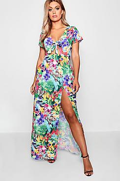 Boohoo Plus Tropical Tie Front Maxi Dress