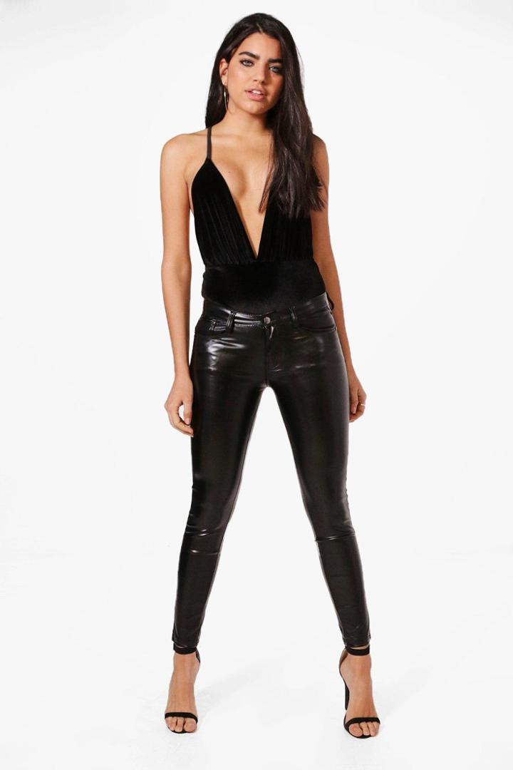 Boohoo Olympia Leather Look Skinny Stretch Trousers Black