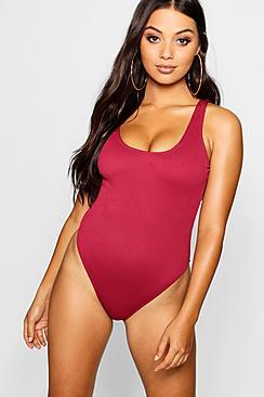 Boohoo Petite Rib Scoop Neck Swimsuit
