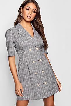 Boohoo Pearl Button Checked Tailored Blazer Dress