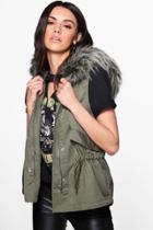 Boohoo Beth Boutique Faux Fur Hood Gilet Khaki