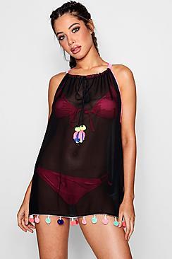 Boohoo Abi Pom Pom Tassel Beach Dress