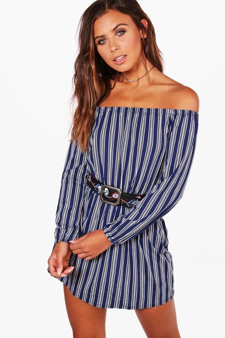Boohoo Petite Hannah Stripe Off The Shoulder Dress Navy