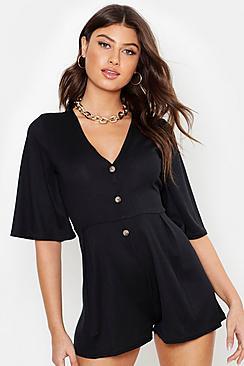 Boohoo Rib Button Down Playsuit